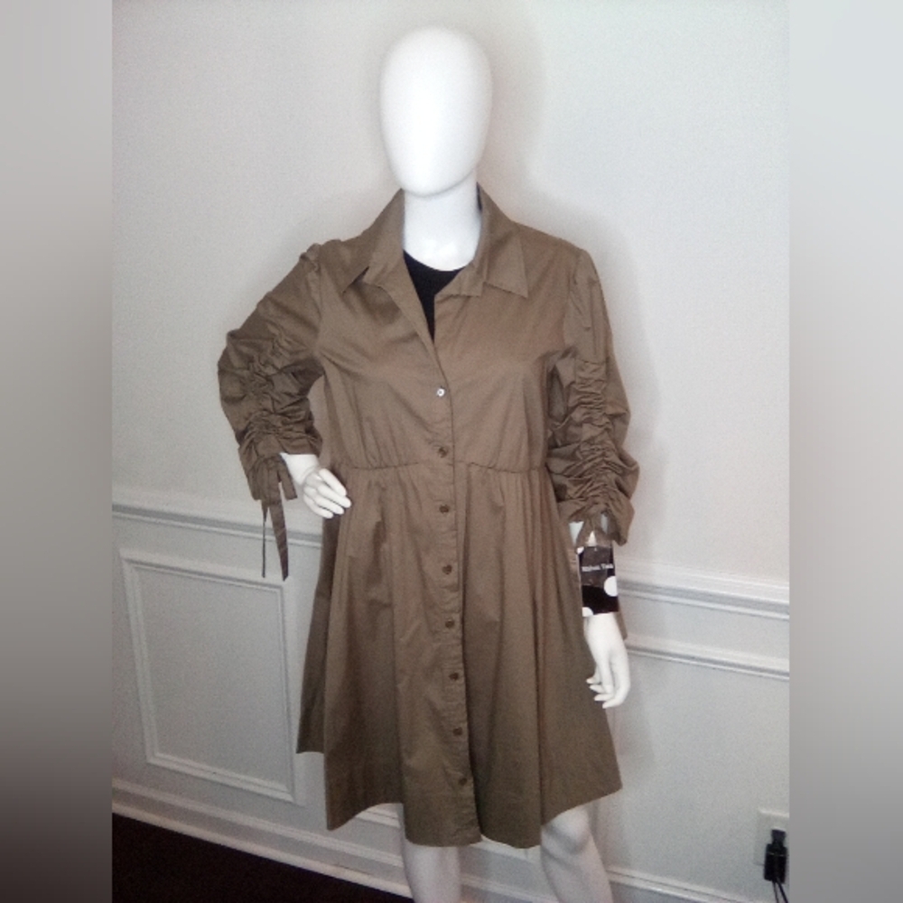 Women's MaisonTara 3/4 Sleeve Collared Shirt Dress, SizeXL, Olive, NEW - Picture 14 of 16